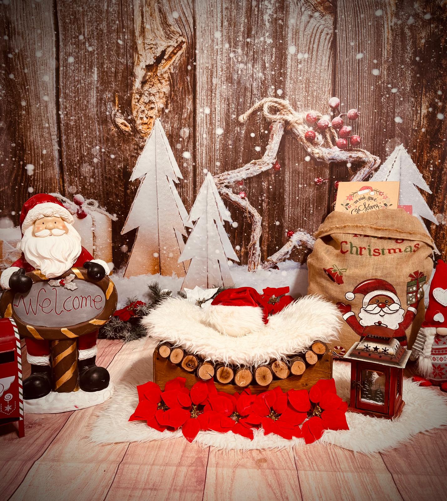 Scenografia di Natale con Babbo Natale e culla di legno